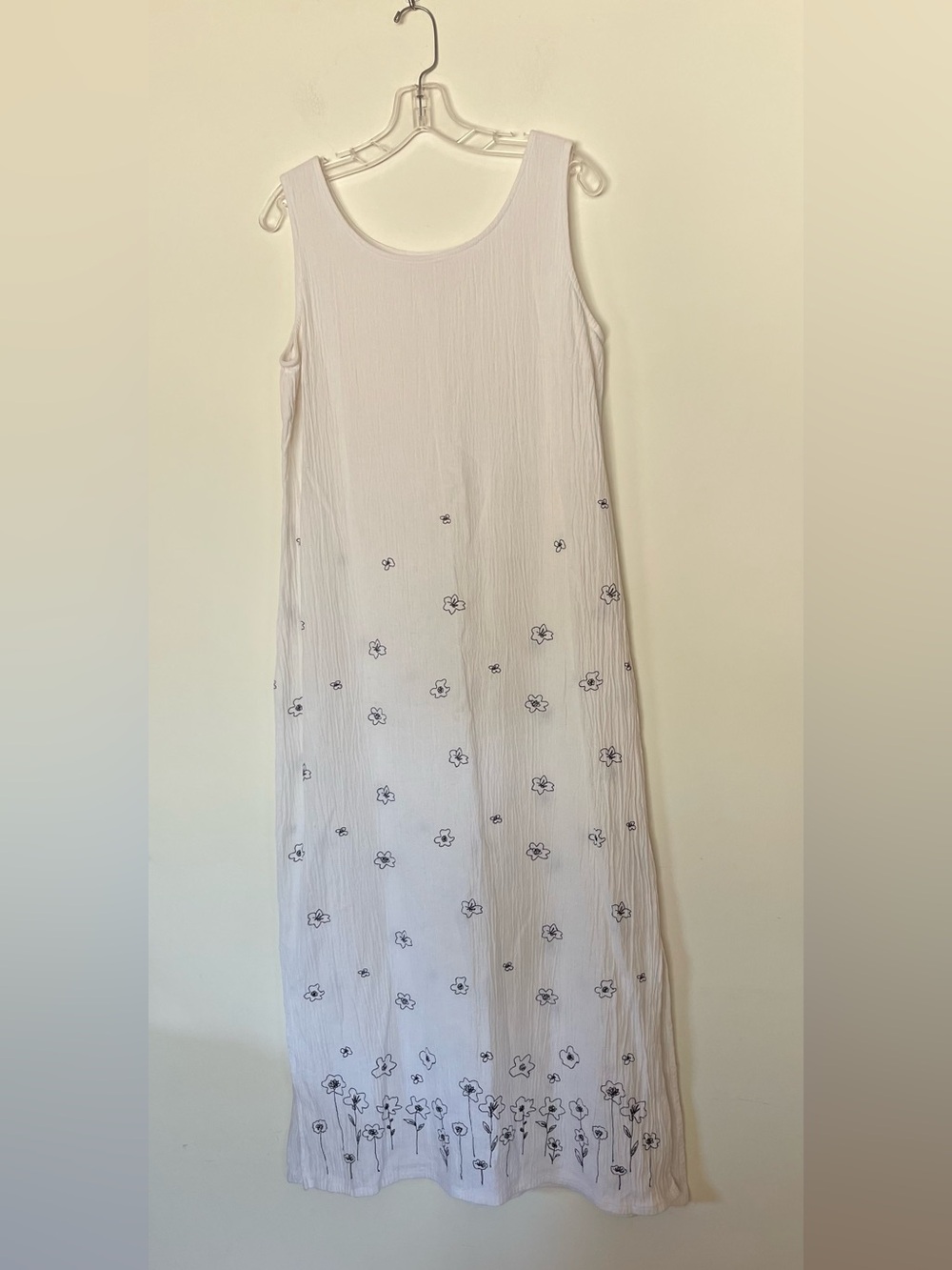 80's 90's Linen Jumper Embroidered Midi to Maxi Dress Crinkled Gauzy White Black